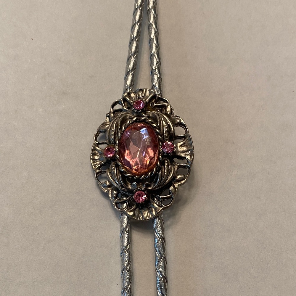 Elegant 18" Silver Rope and Pink Rhinestone Western Style Bolo Tie/Necklace